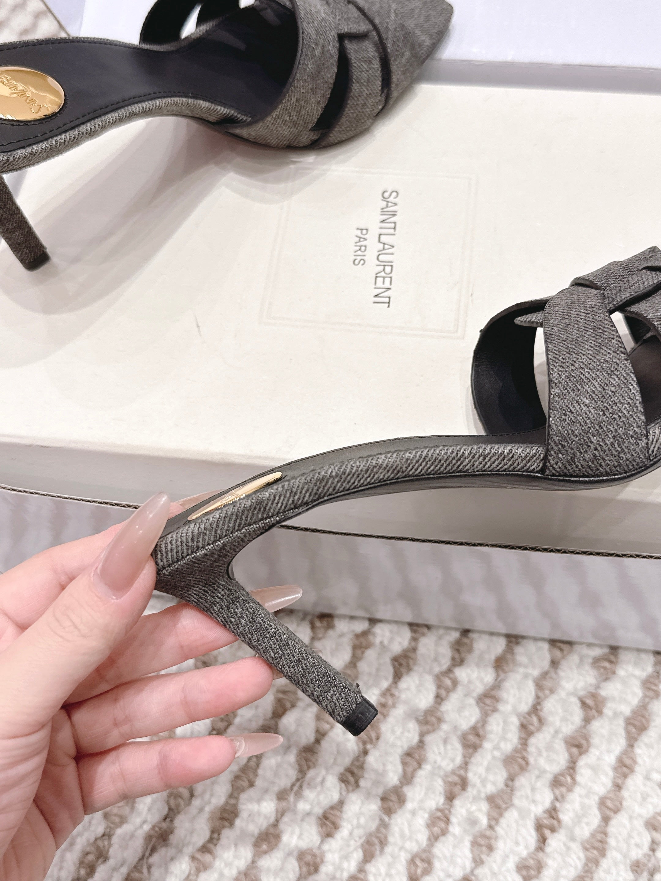 YSL 26ss High-Heeled Slippers 75  Dark Gray Canvas Calfskin 654748