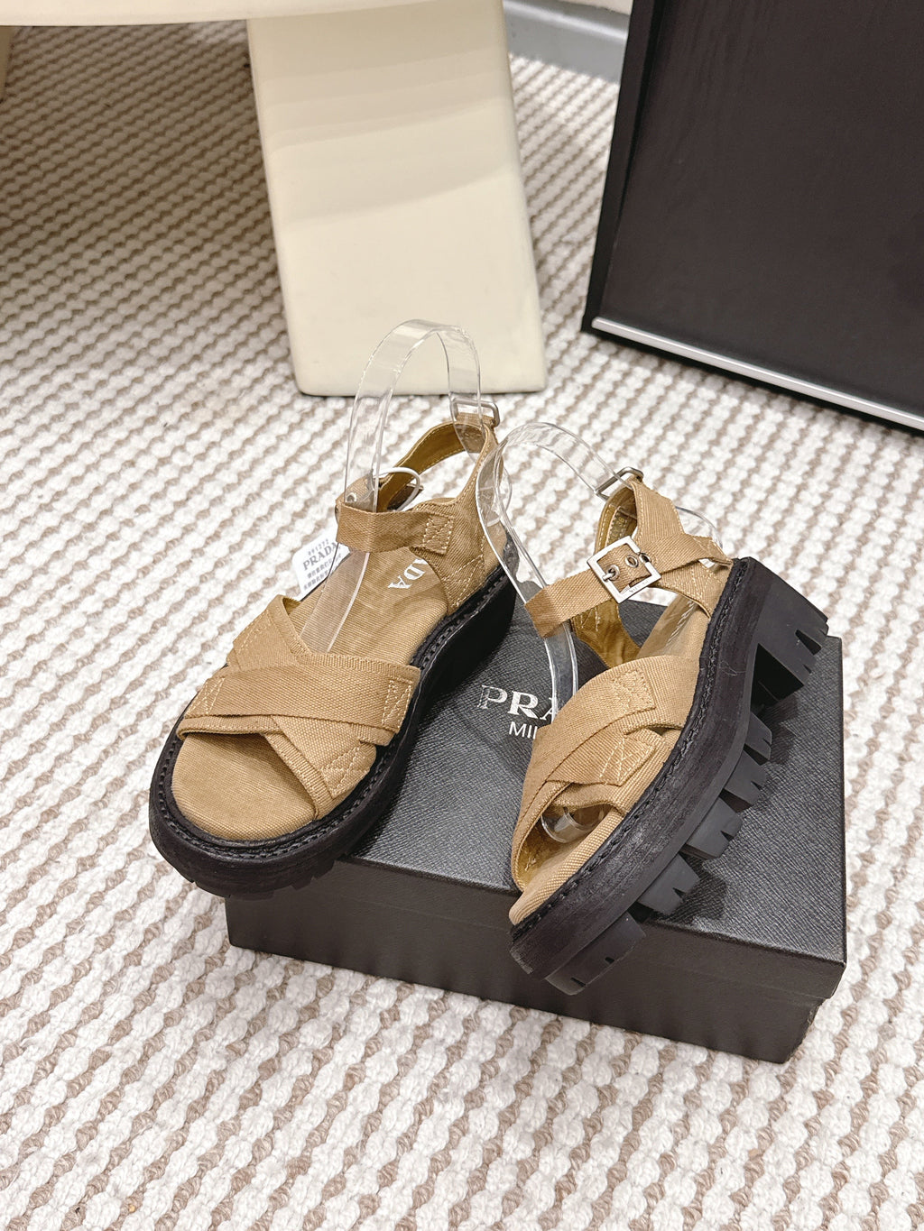 PRA 2026S Platform Sandals Beige Black Canvas 657526