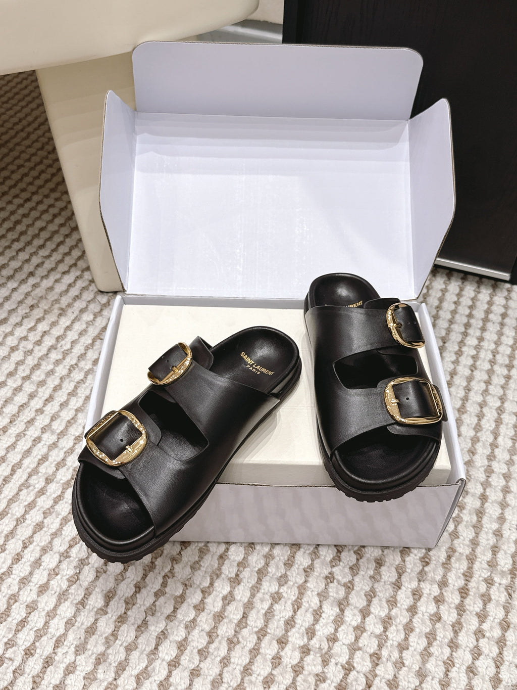 YSL 26ss Platform Slippers Black Sheepskin Gold Buckle 663205
