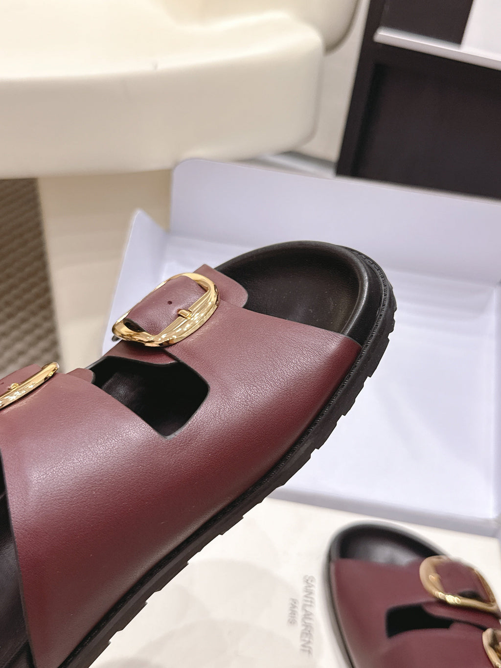 YSL 26ss Platform Slippers Black Burgundy Sheepskin Gold Buckle 663207