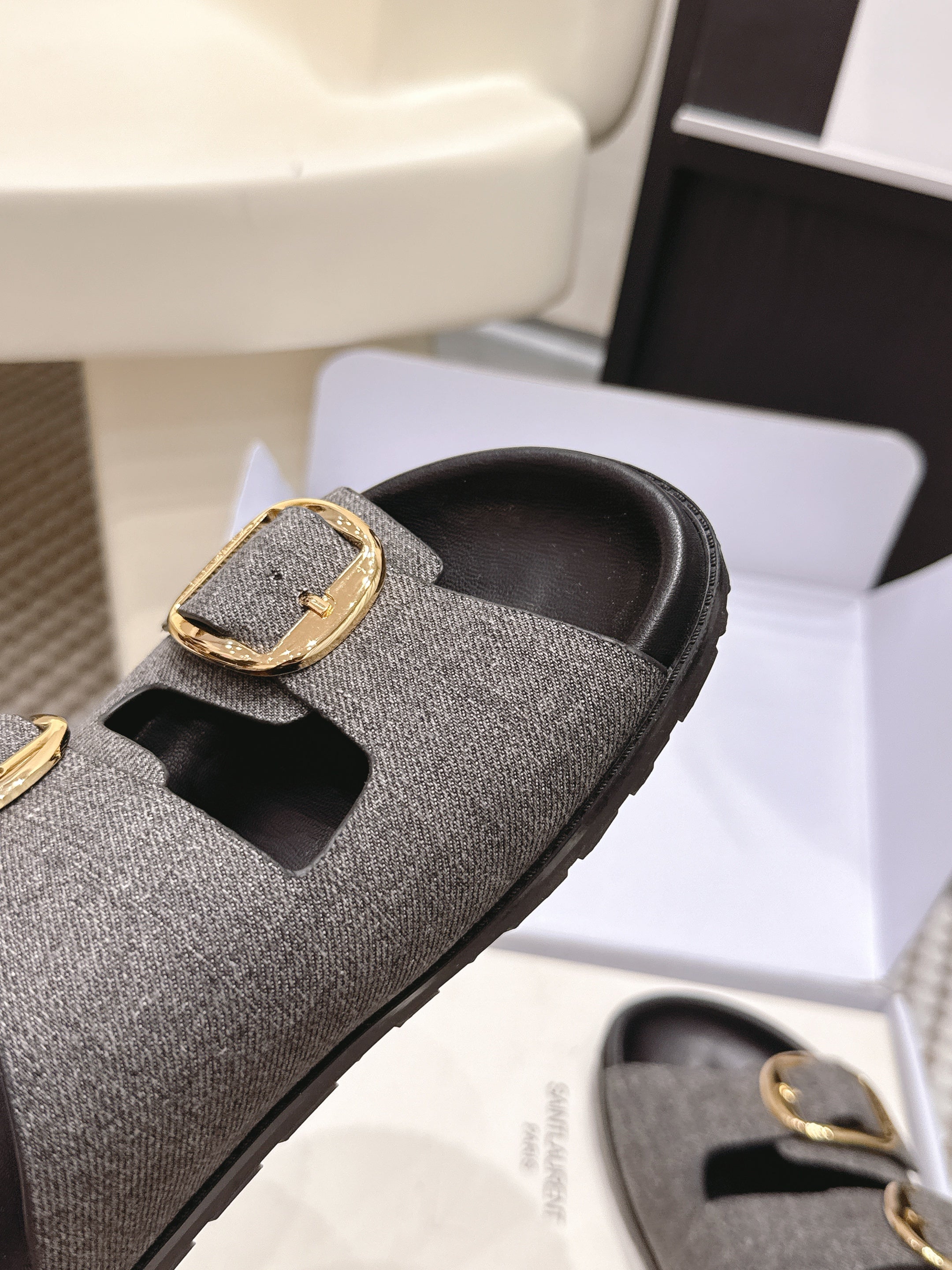 YSL 26ss Platform Slippers Black Gray Denim Leather 663210