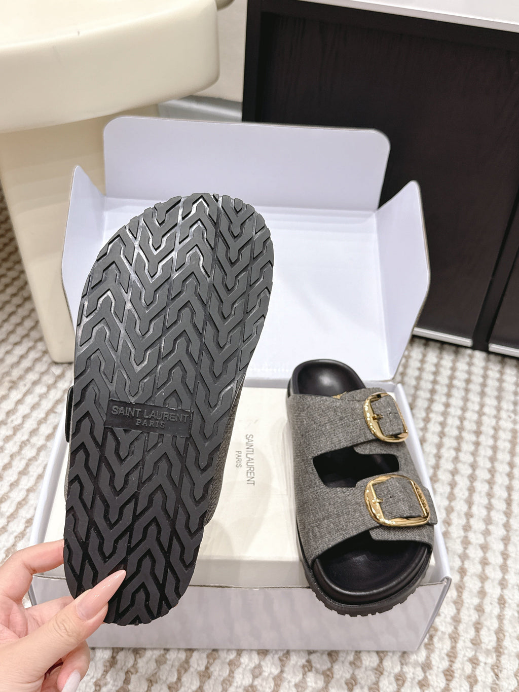 YSL 26ss Platform Slippers Black Gray Denim Leather 663210