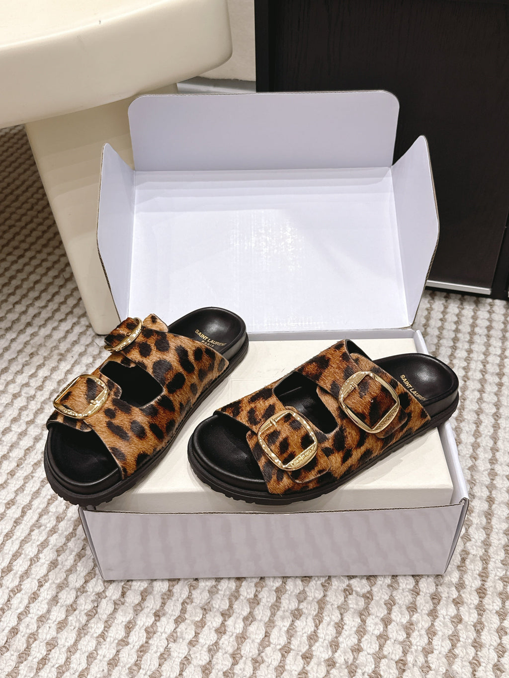 YSL 26ss Platform Slippers Black Leopard Print Leather Gold Buckle  663211