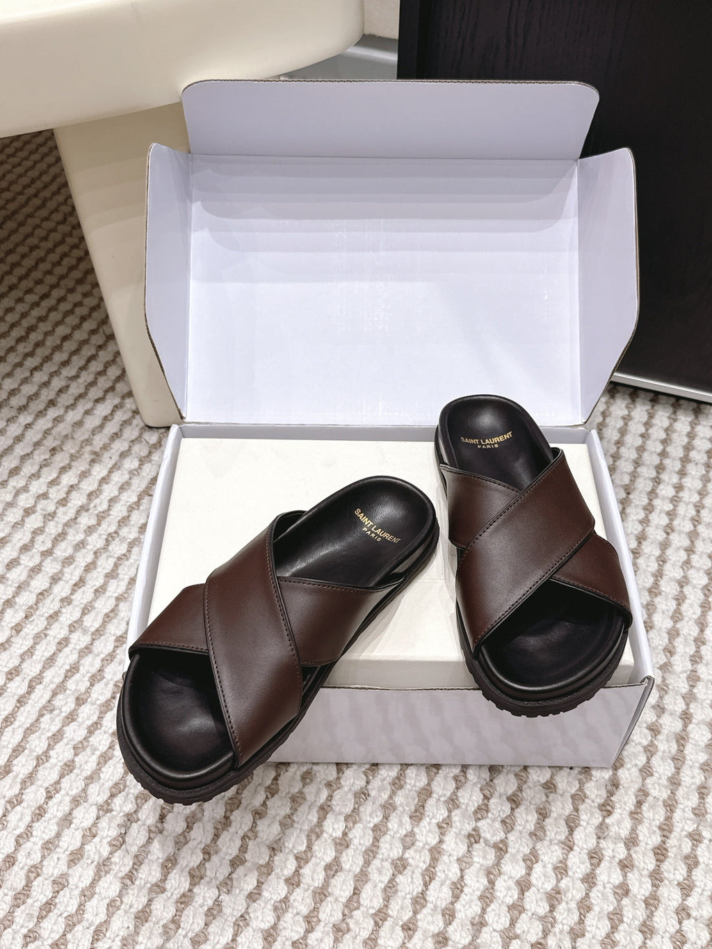 YSL 26ss Platform Slippers Dark Brown Sheepskin 663214