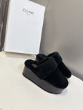CELINE 26S WEDGE MULES IN BLACK SUEDE AND WOOL