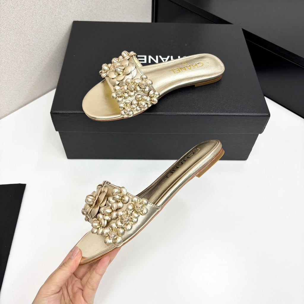 CC 25C Mules Flower Gold Metalic Calfskin