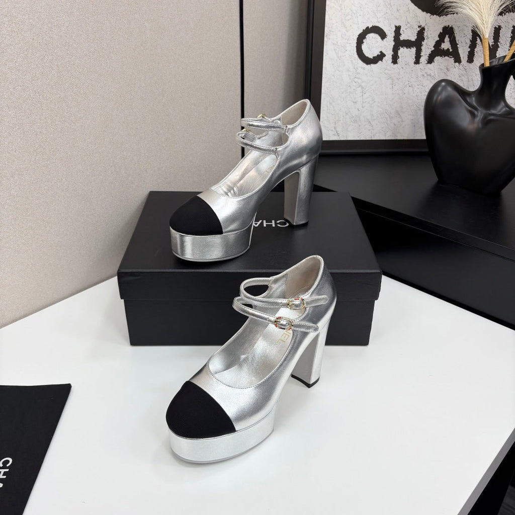 CC 25S Mary Jane Platform 11cm Silver Metalic Calfskin Grosgrain