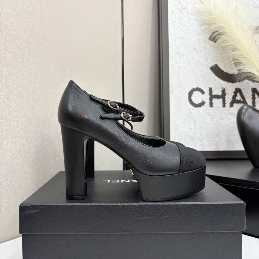 CC 25S Mary Jane Platform 11cm Black Calfskin Grosgrain