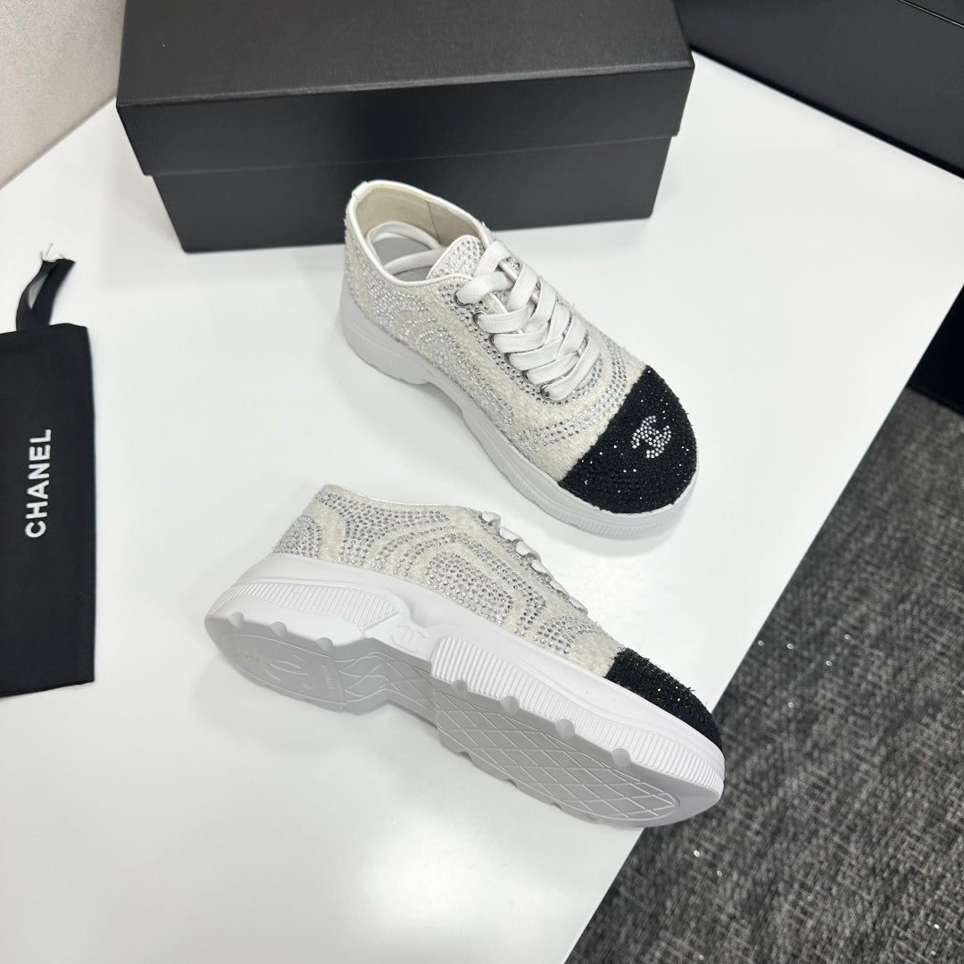CC 26s Casual Sneakers Rhinestones Ivory Black Mesh Sheepskin 626361