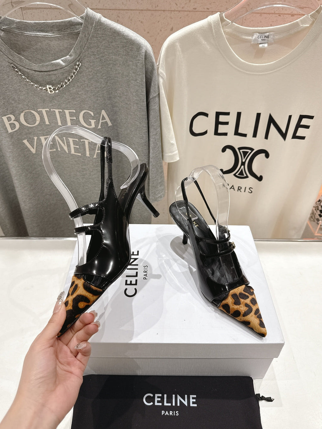 Celine 25C Judy Double Strap Mary Jane Slingback Black mix Brown  Sheepskin 236777