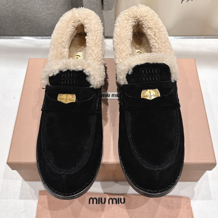 MiuMiu 25 Fur Loafer Black mix Beige Suede 535598