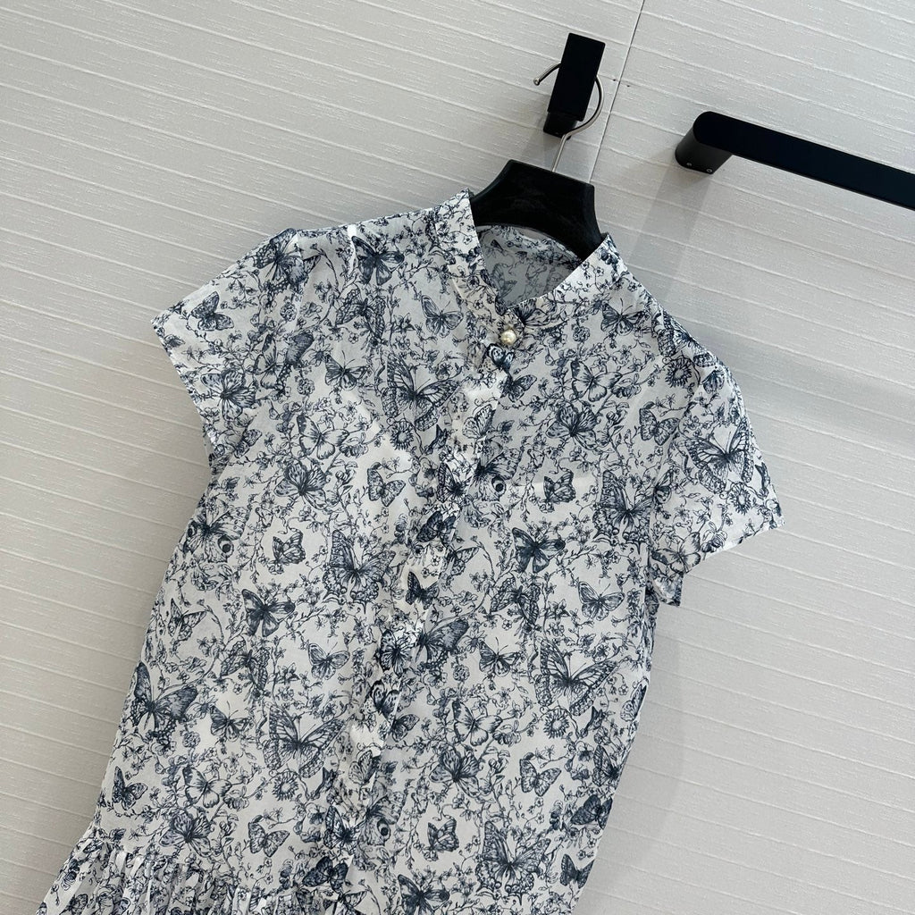 CD 2025 Butterfly Printed Long Skirt White mix Navy Blue Cotton