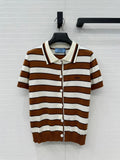 Prada 25 Striped Short-sleeved Knitted Cardigan Brown white Cotton