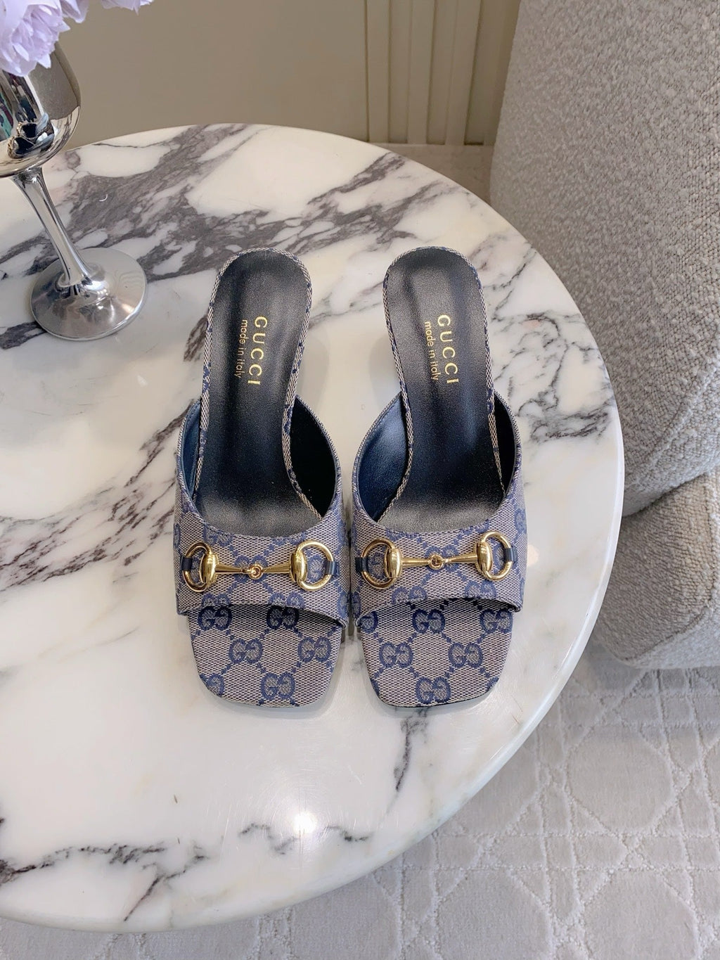 GG 26SS High-Heeled Sandals Gray Blue Black Canvas Leather 644533