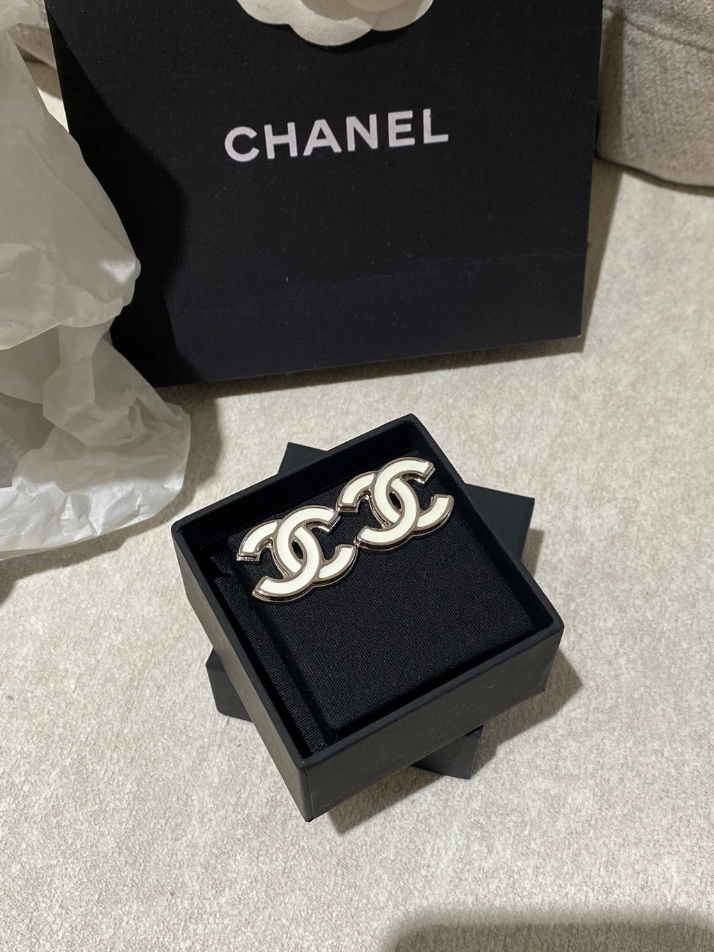 Chanel White Enamel CC Stud Earrings With Silver-tone Trim