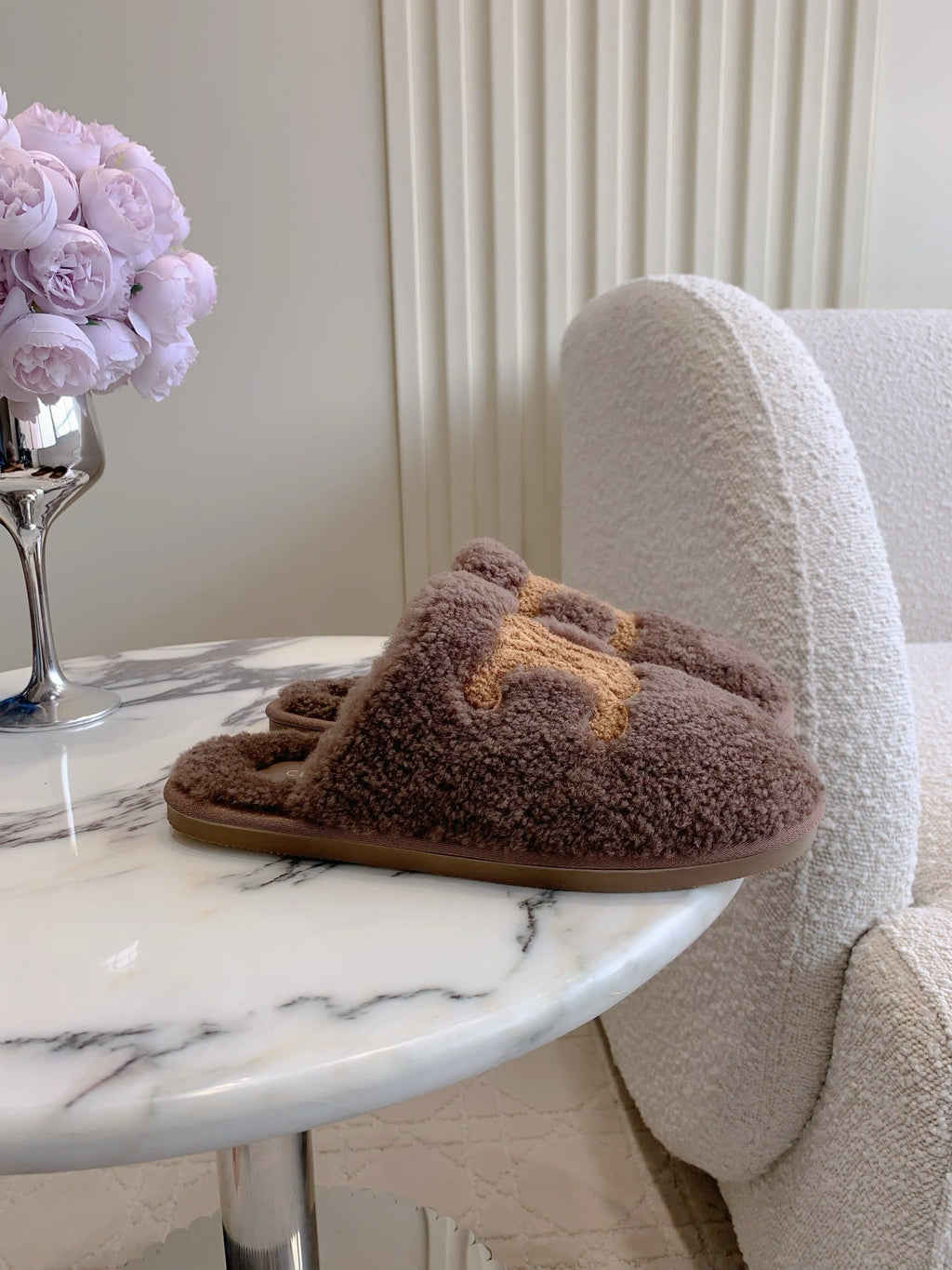 CELINE 26S MULES WITH LOGO IN DARK BROWN WOOL