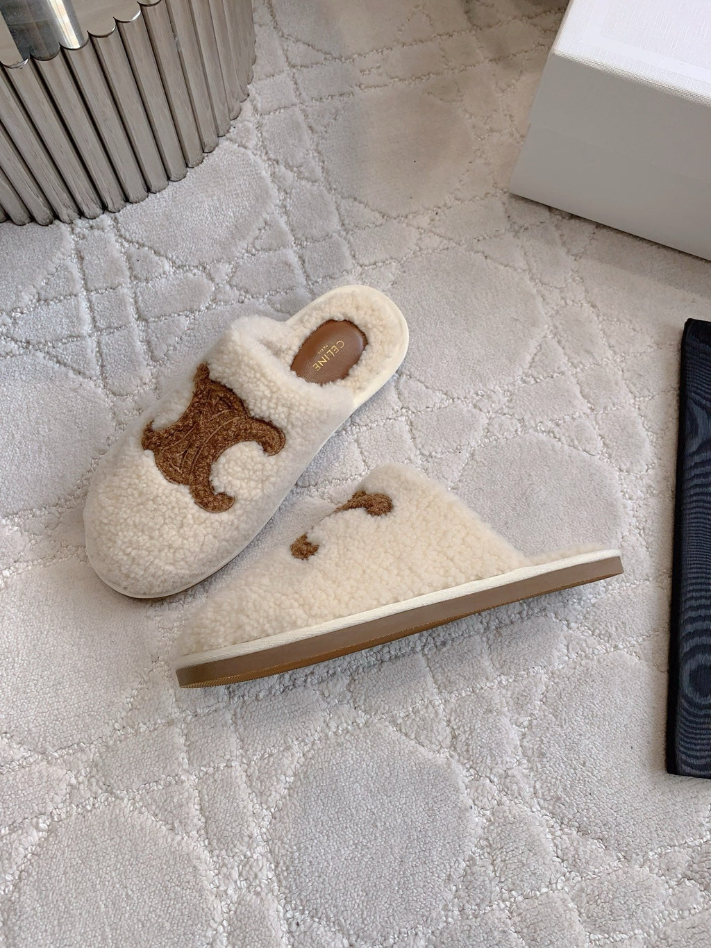 CELINE 26S MULES WITH LOGO IN LIGHT BEIGE AND BROWN WOOL
