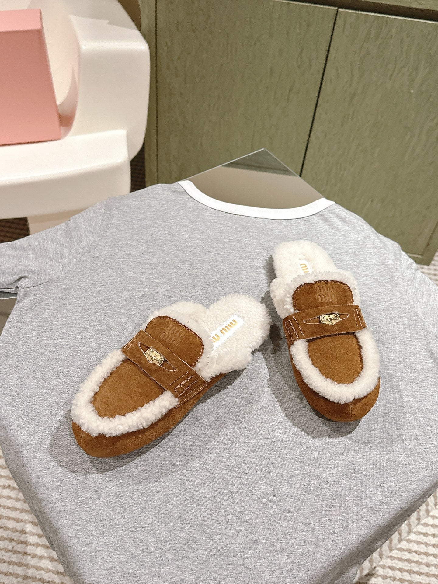 Miu Mule Half Fur Caramel Suede