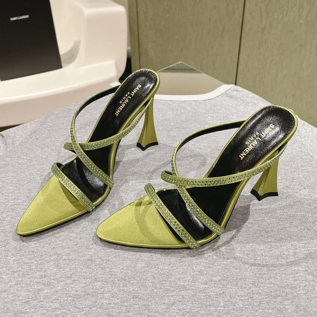 HIGH HEEL MULE 10 CM IN OLIVE GREEN SATIN WITH RHINESTONES