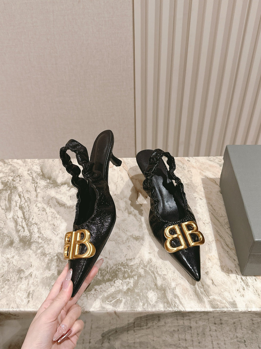 BALENCIAGA 25S HIGH SLINGBACK 45 MM IN BLACK LAMBSKIN WITH GOLD HARDWARE
