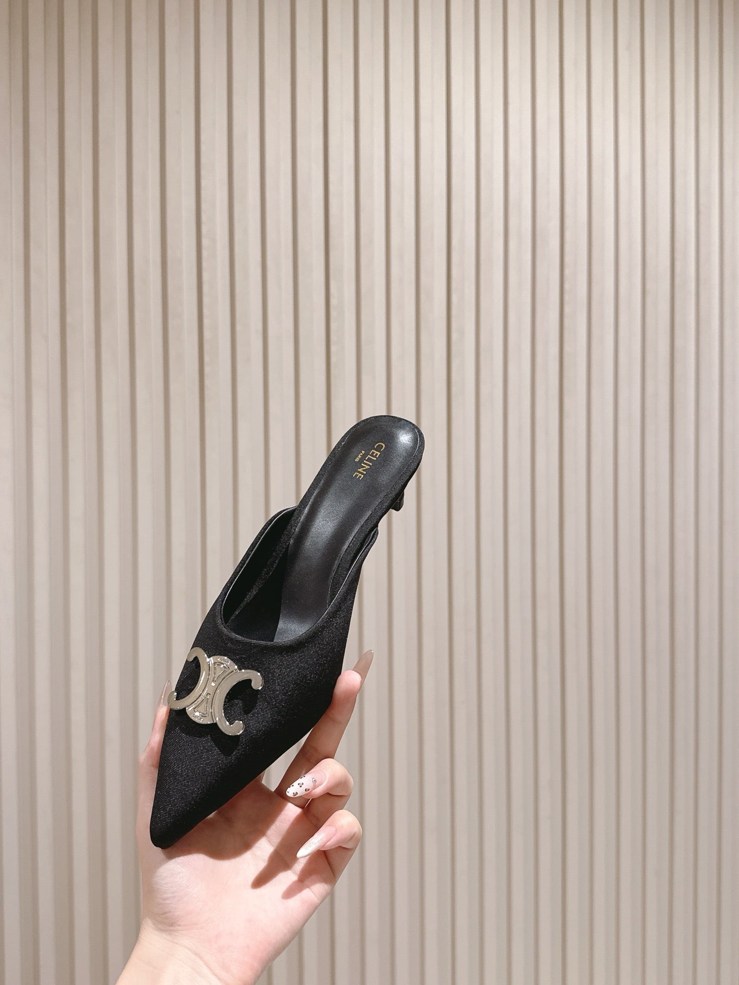 CELINE 25S ALMA TRIOMPHE MULE 45MM IN BLACK DENIM SILVER HARDWARE