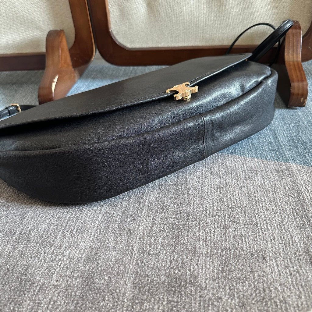 Celine 2025 Halfmoon Soft Triomphe Bag Black Shiny Lambskin
