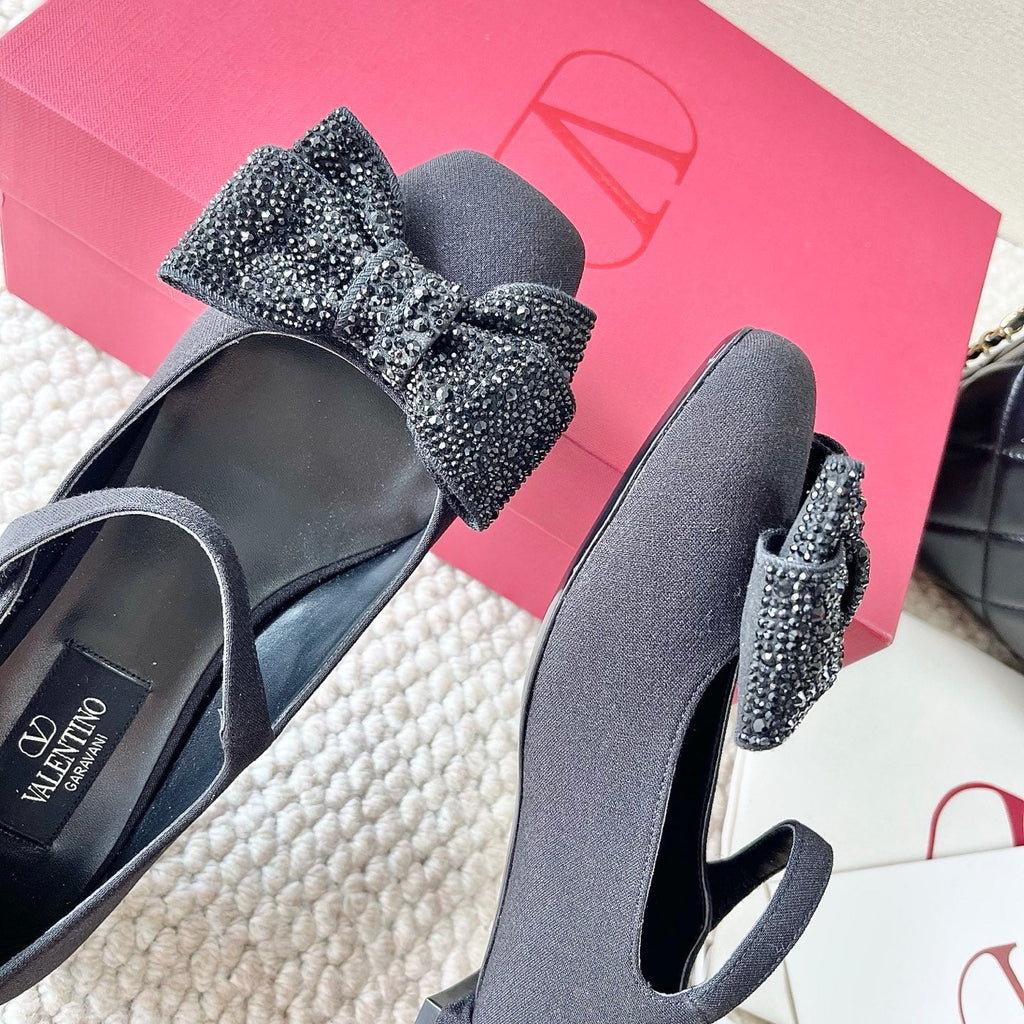 VT 25 Bow Diamond Marry Jane Flat Black Silk