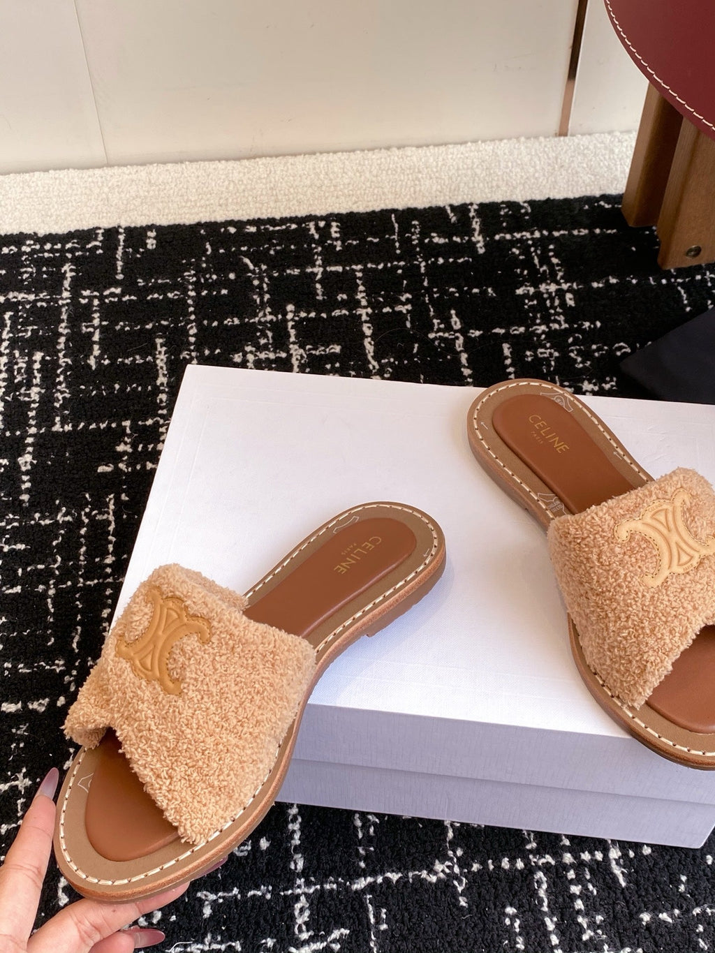 CELINE 26S TRIOMPHE FLAT SLIDES IN PEACH BEIGE WOOL