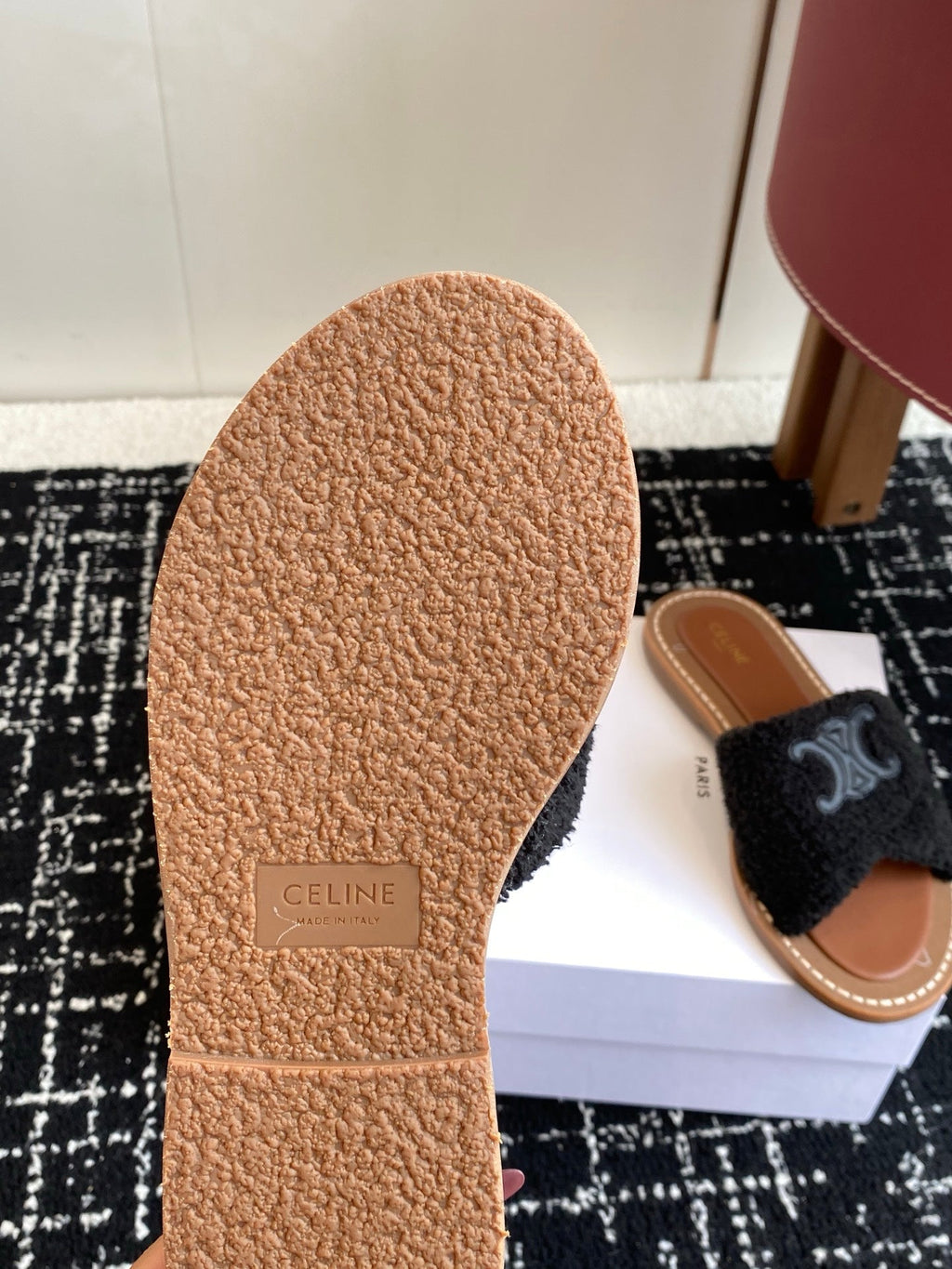 CELINE 26S TRIOMPHE FLAT SLIDES IN BLACK WOOL