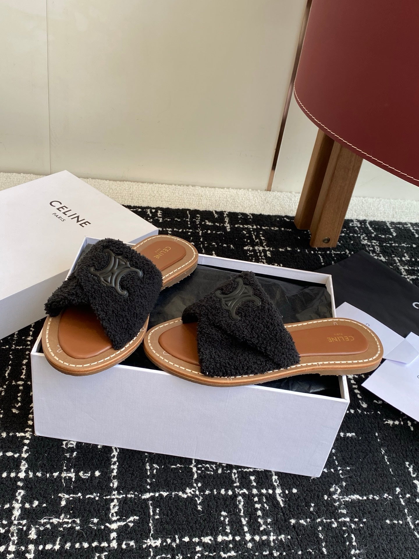 CELINE 26S TRIOMPHE FLAT SLIDES IN BLACK WOOL