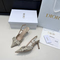 DIOR 26S POINTED TOE HEELED SANDALS 85MM IN BEIGE FABRIC WITH PEARL BOW
