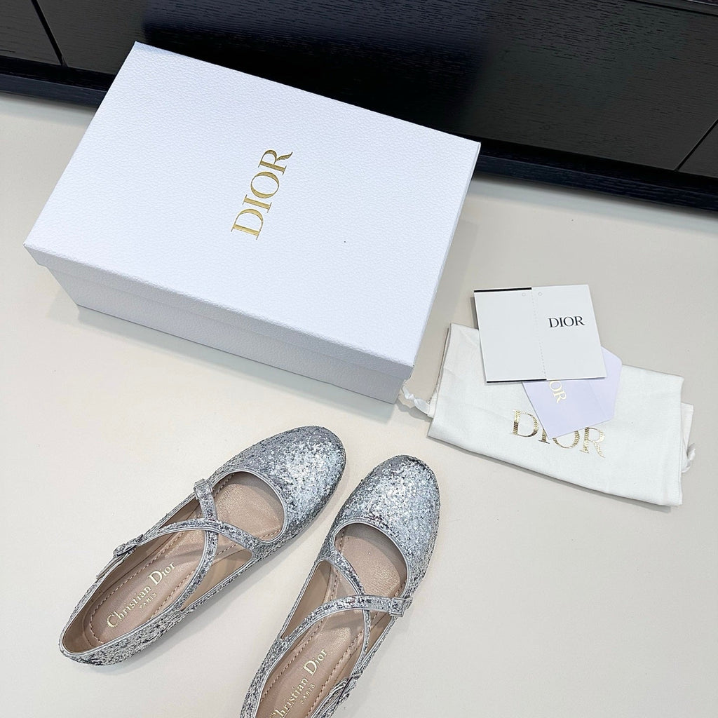 DIOR 26S BALLET FLAT IN SILVER LAMINATED LAMBSKIN AND GLITTER