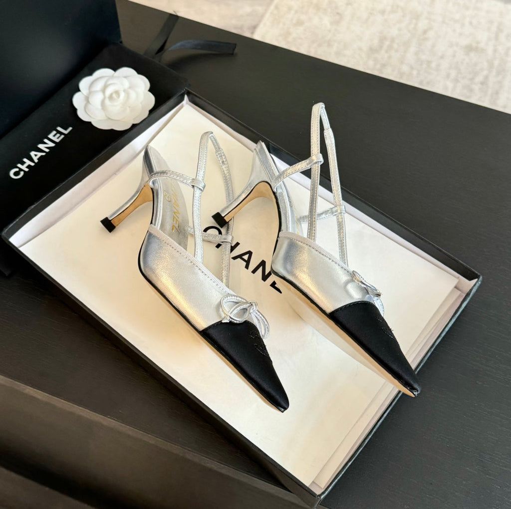 SLINGBACK WITH BOW IN SILVER MIX BLACK LAMBSKIN