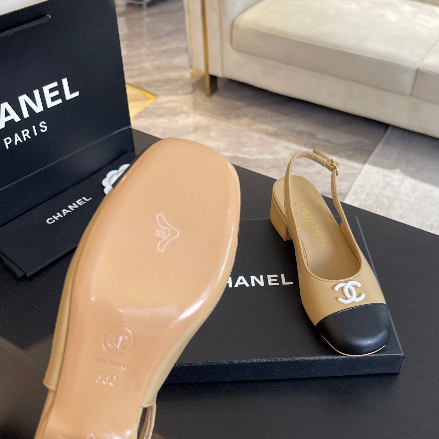cc slingback 50 beige black calfskin
