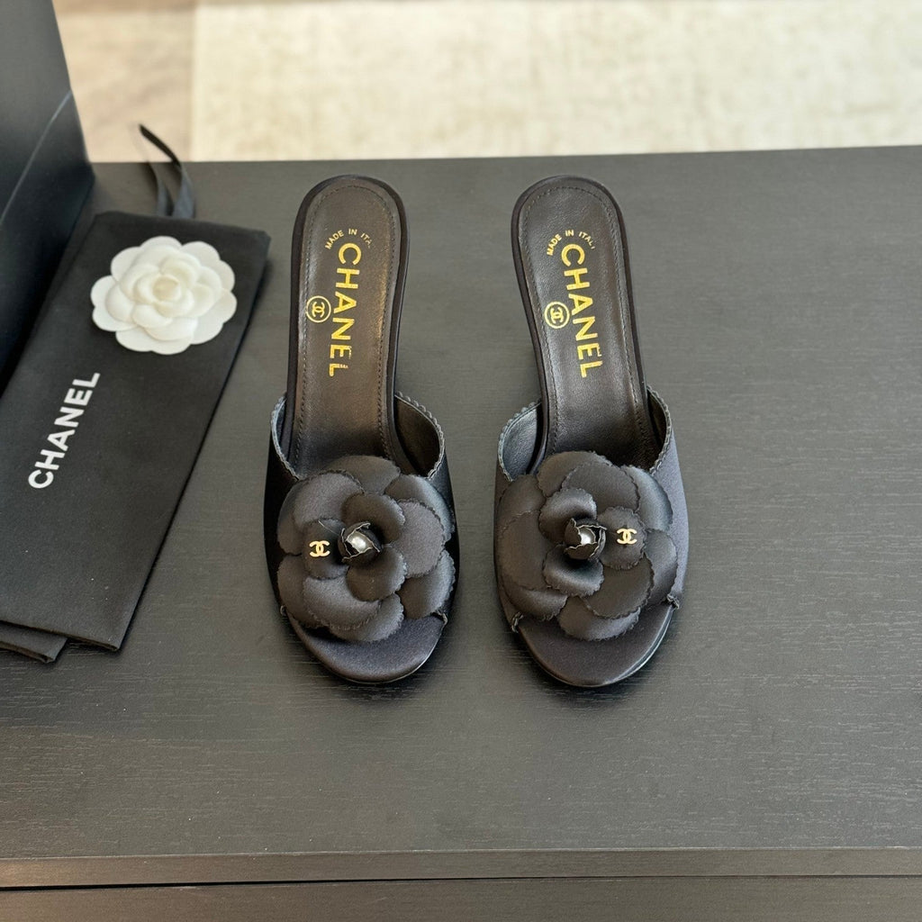 mule sandal flower high heel 80 black satin