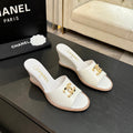 CC 2026 Wedge Sandals 65 White Lambskin Gold Black Logo 667763