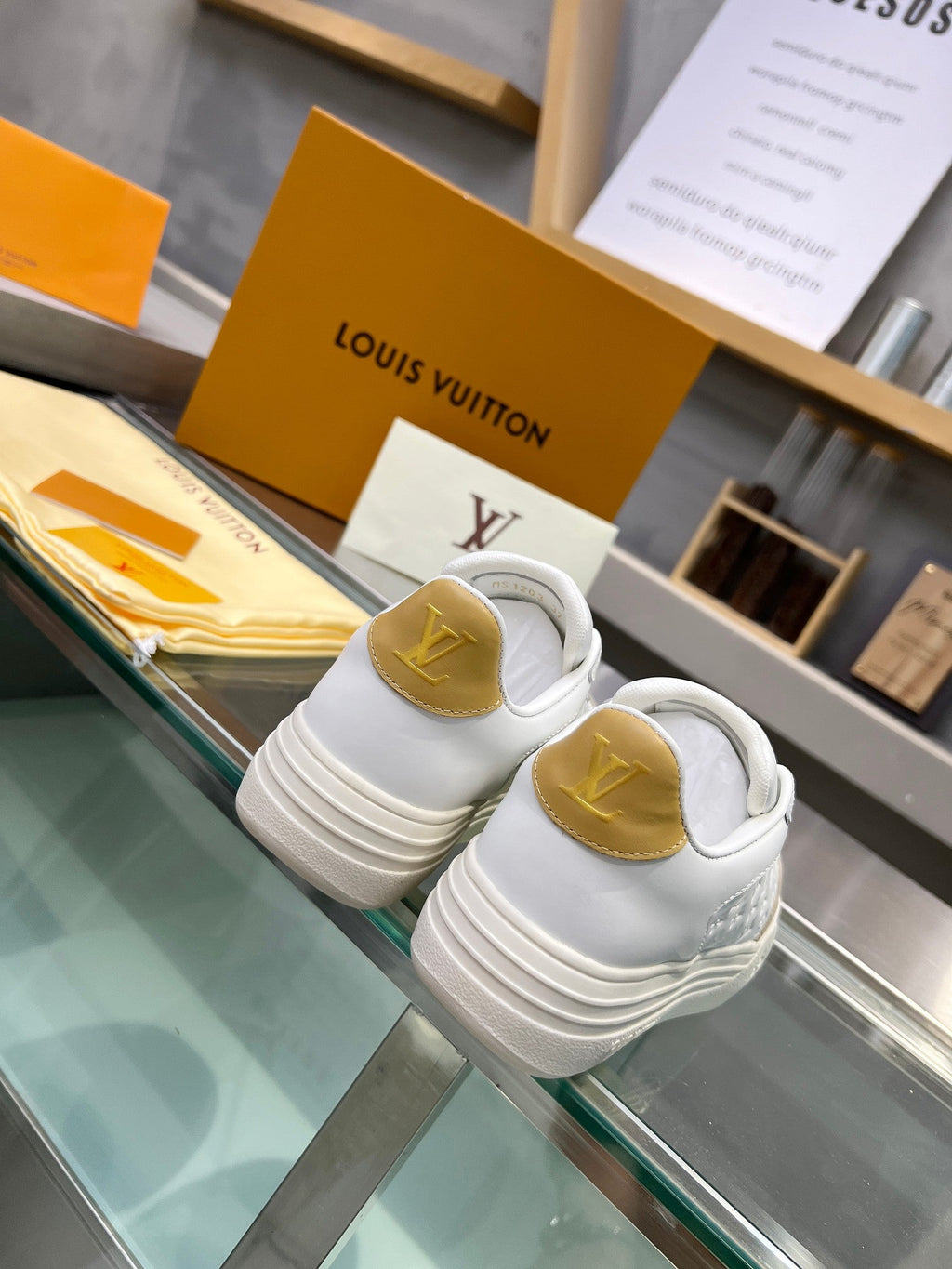 LV WOMEN GROOVY PLATFORM IN CAMEL BROWN SUEDE MIX WHITE EMBOSSED CALFSKIN