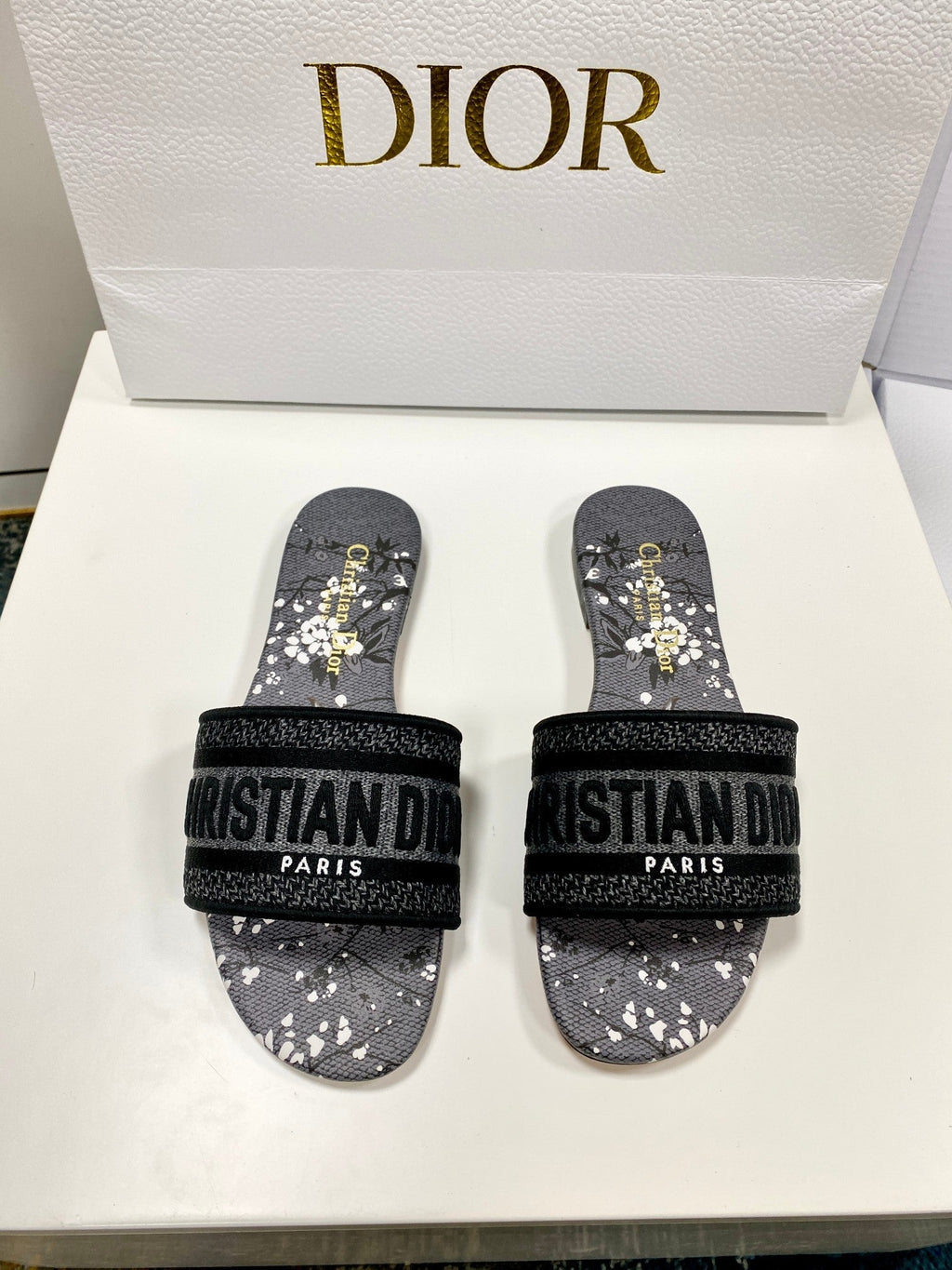 CD 26s Embroidered Sandals Gray Black Canvas Leather 683017