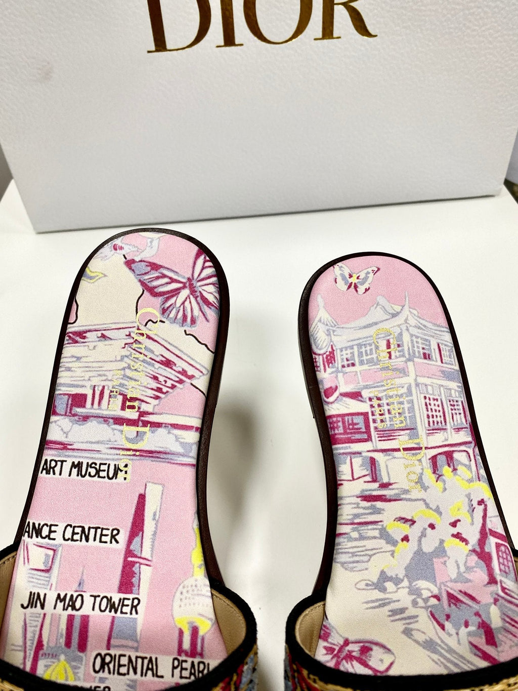 CD 26s Embroidered Sandals Pink Beige Multicolor Canvas Leather 683005