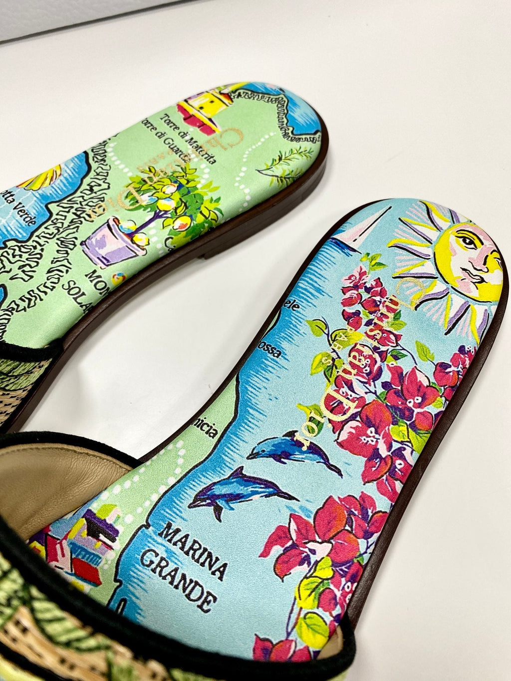 CD 26s Embroidered Sandals Blue Green Multicolor Canvas Leather 683008