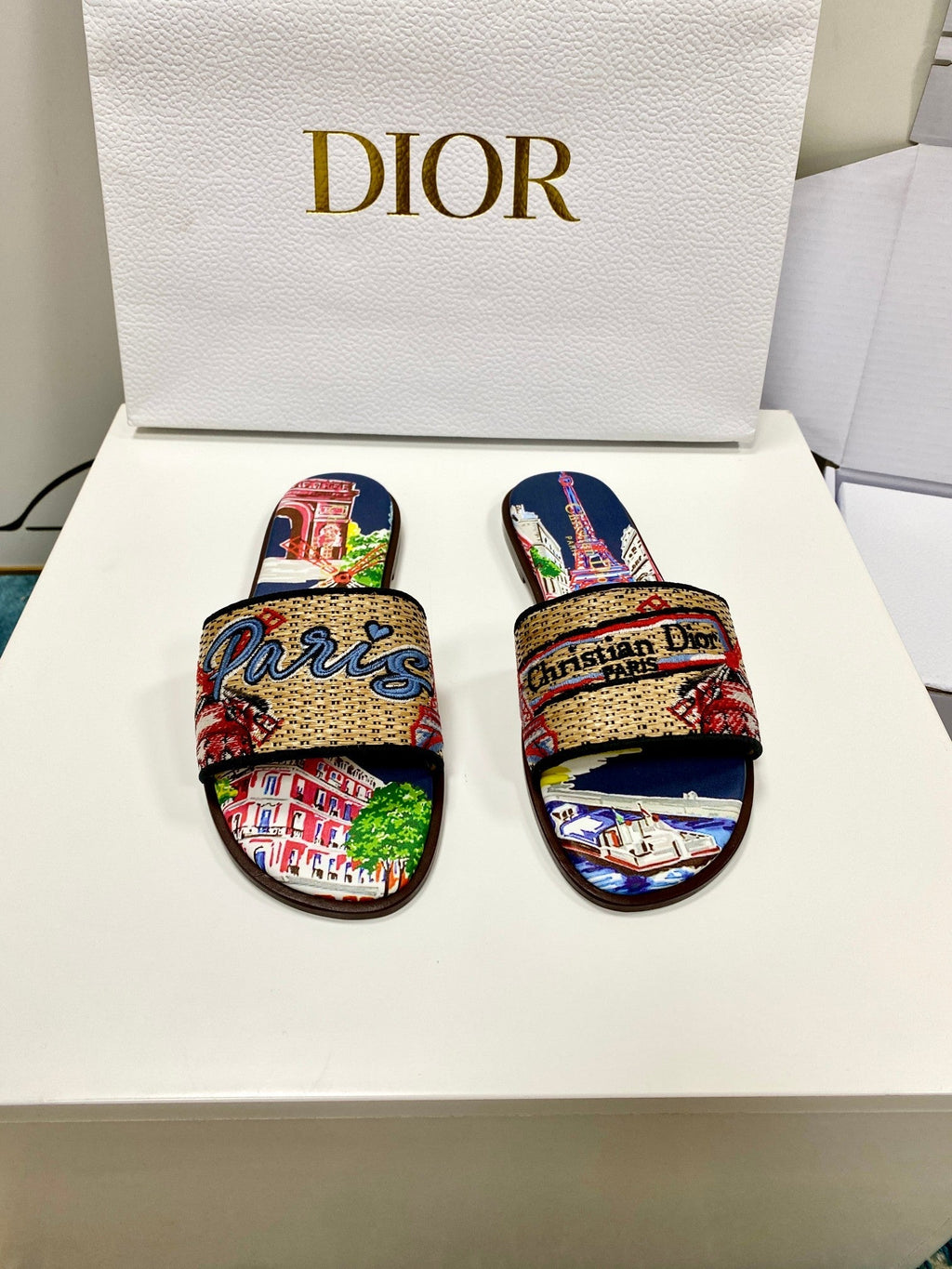 CD 26s Embroidered Sandals Beige Multicolor Canvas Leather 683009