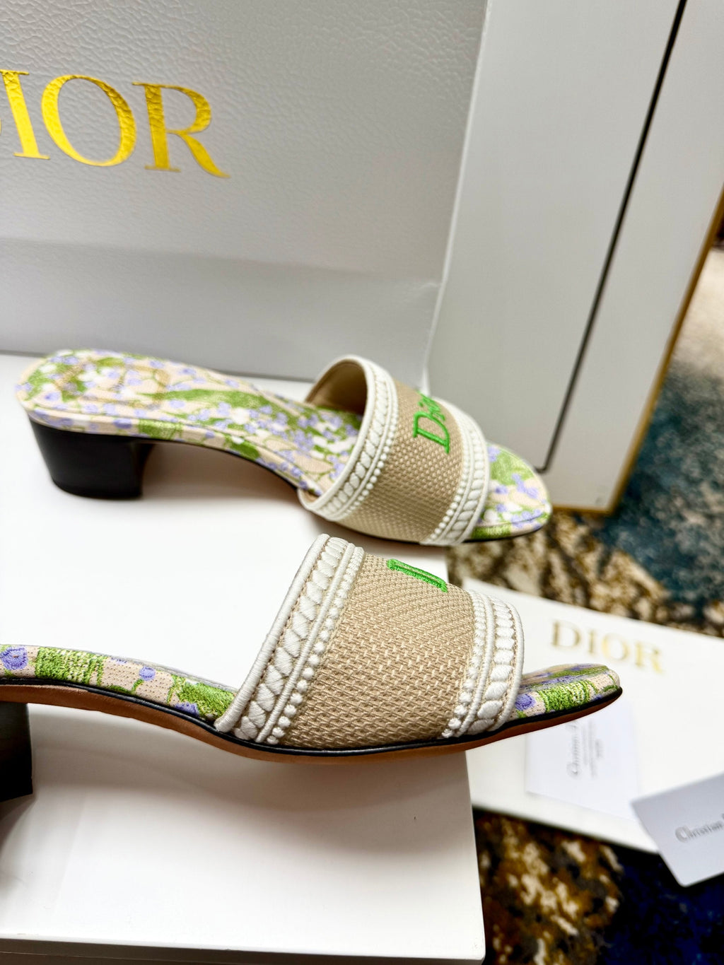 CD 26s Floral Embroidered Sandals Green Beige Canvas 683035