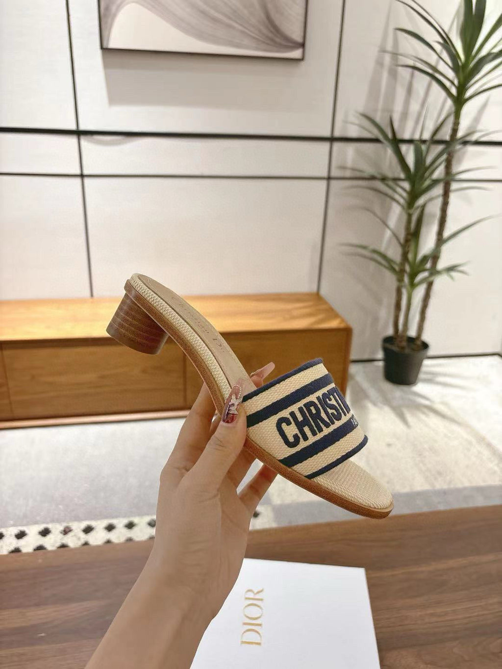 CD 26s Embroidered Sandals Beige Navy Blue Canvas Sheepskin 664321