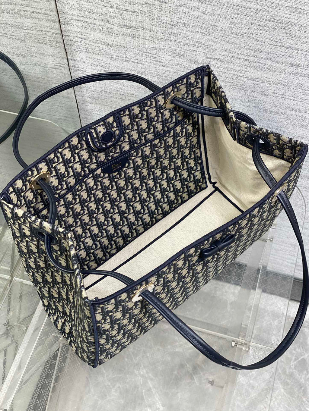 Dior 2026 Medium Shopping Bag 37cm Blue Beige Canvas Leather 284285