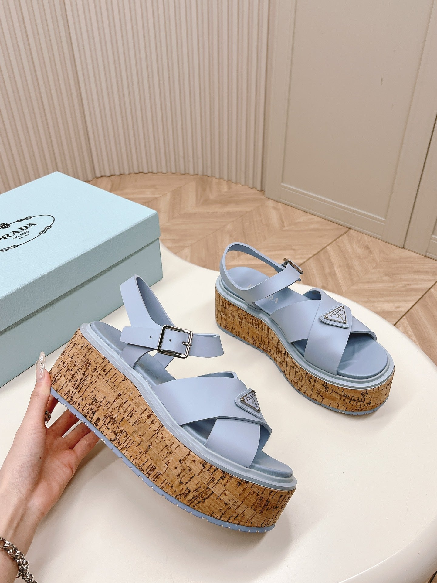 PRA WEDGE PLATFORM SANDALS SAPPHIRE CALFSKIN