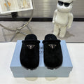 PRADA 25S FUR-LINED SABOT MULES IN BLACK SUEDE