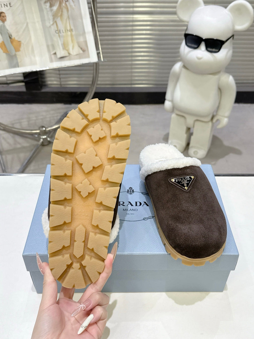 PRADA 25S FUR-LINED MULES IN DARK BROWN SUEDE