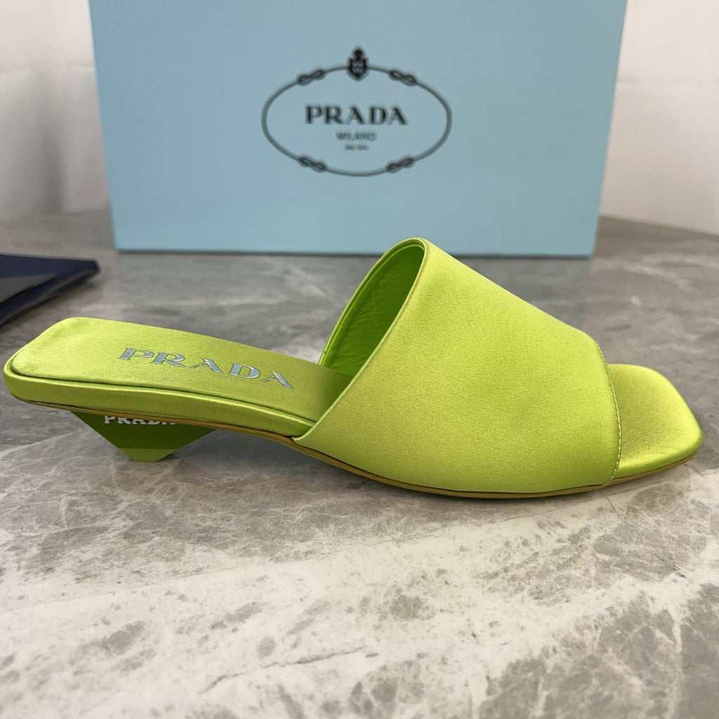 PRADA 25S TRIANGLE HEEL SANDALS 35MM IN LIME YELLOW SATIN