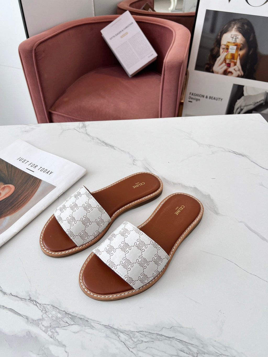 Celine 25C Slippers White Monagram Silk with Calfskin 238145