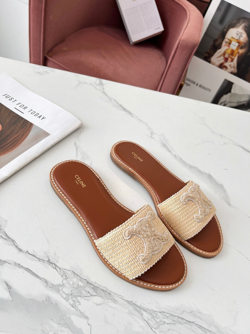 Celine 25C Slippers Beige Fabric with Calfskin 238154